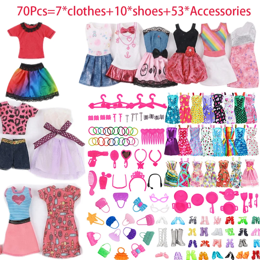 Accessoires de poupée = 7 * vêtements + 10 * chaussures + 53 * accessoires robes ustensiles de cuisine peigne sac collier pour 30cm accessoires de poupée cadeaux 70 pièces