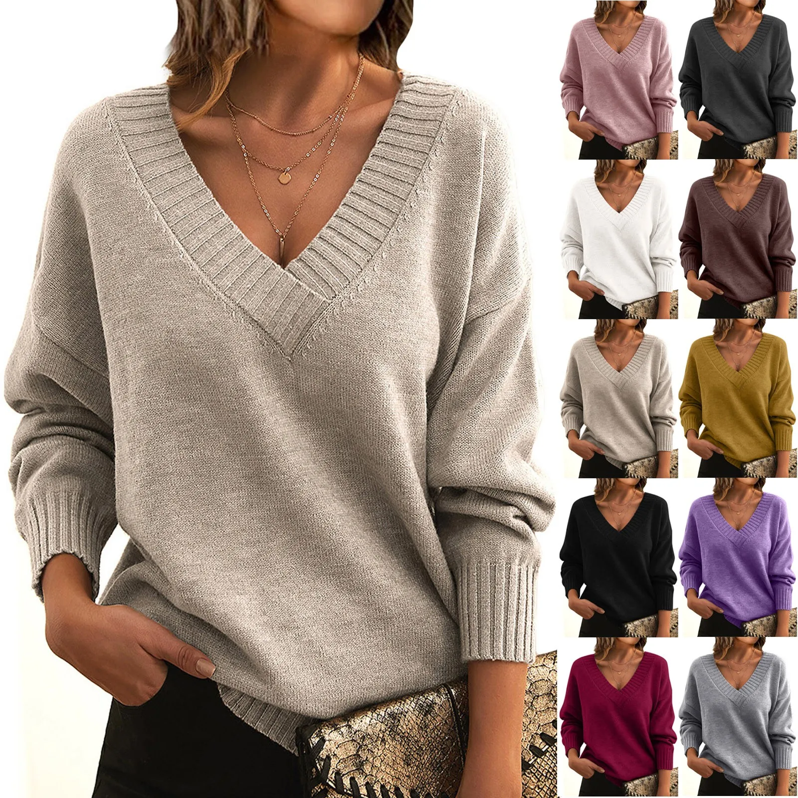 

Women's Basic Casual Solid Color Sweater V-neck Warm Long-sleeved Commuted Pullover Sweater Fashion Baggy Clothing