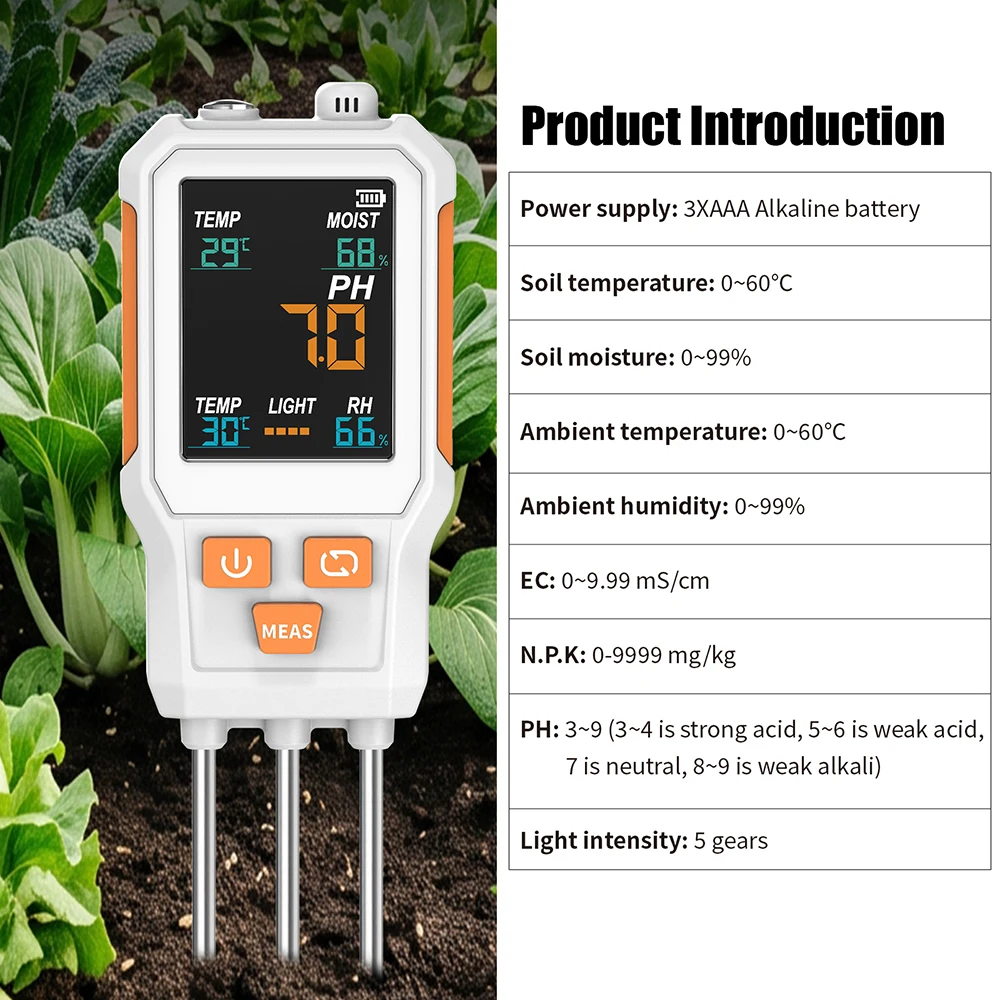 10 in 1 Soil Detector NPK/PH/EC/Temperature/Moisture/Air Humidity/Light Intensity Soil Meter Digital LCD Soil Tester for Garden