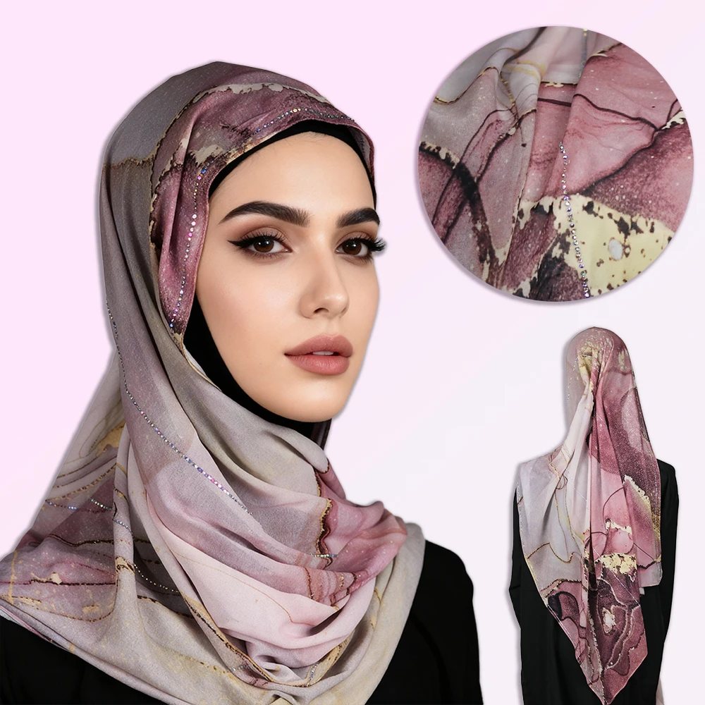 ผ้าคลุมศีรษะชีฟองแบบหรูหรา พิมพ์ลายสีน้ำชมพูทอง ประดับด้วยคริสตัลระยิบระยับ ผ้าคลุมศีรษะแบบอาหรับน้ำหนักเบาสำหรับผู้หญิง ​
