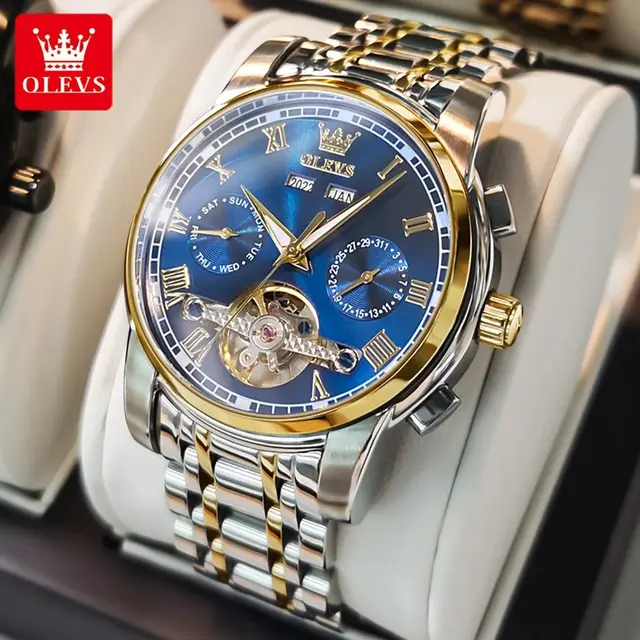 OLEVS 6607 Top Original Automatic Mechanical Watches Men Luxury Skeleton Flywheel Stainless Steel Waterproof Business Wristwatch 1