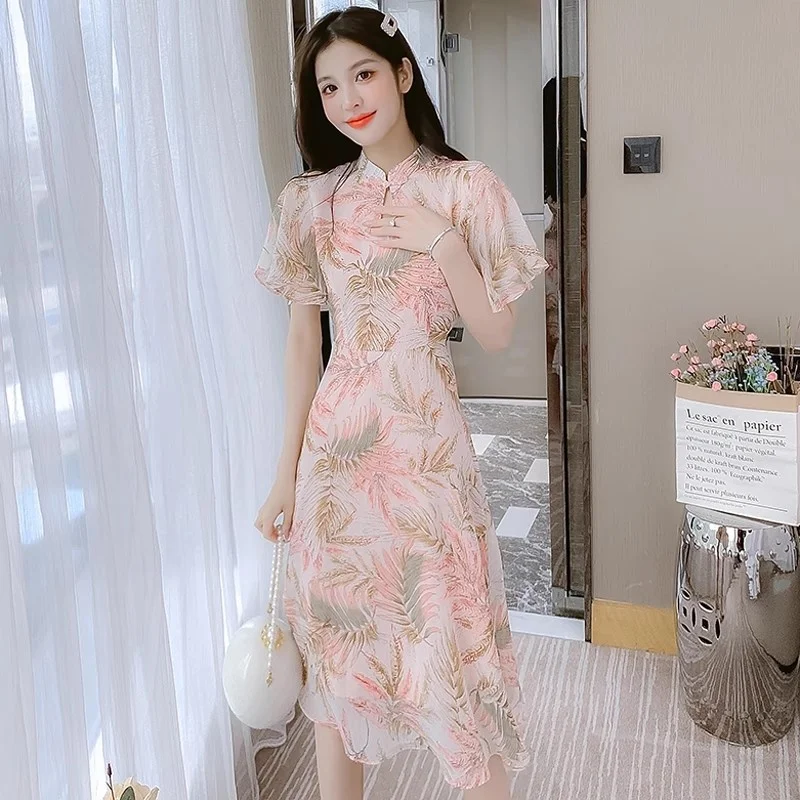 Improved Cheongsam Chiffon Dress For Women Summer Wear 2025 Fashion Design Slim Temperament Elegant Dress W123