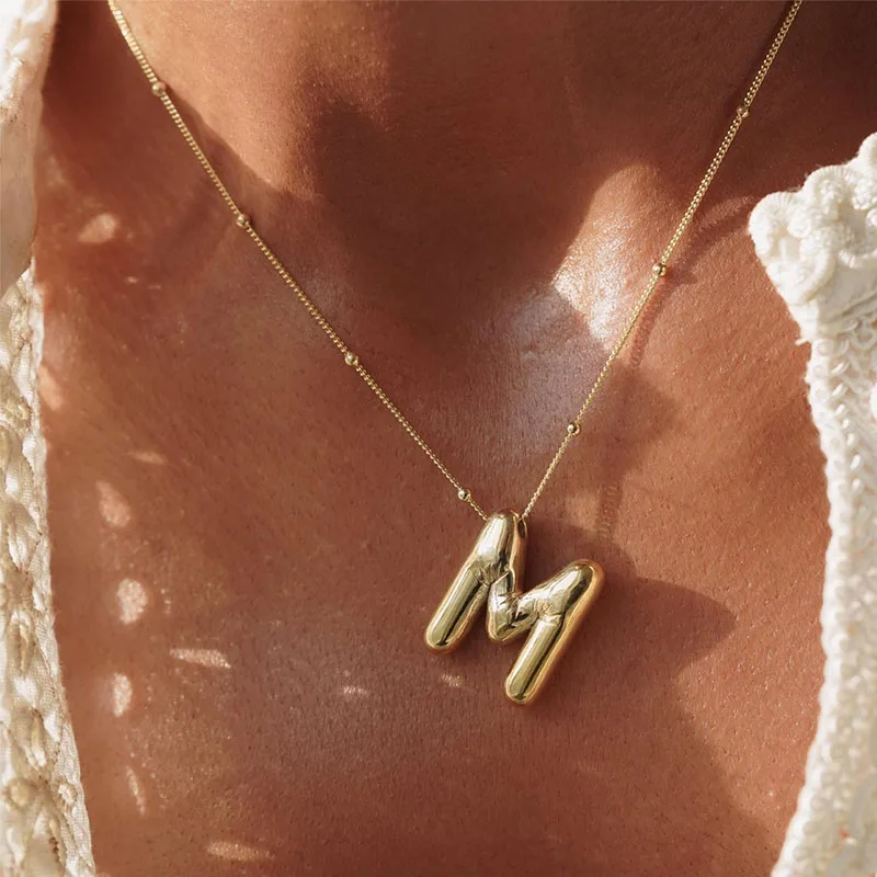 Vintage Chubby Balloon Bubble Chunky Letter Necklace for Women Men A-Z Initial Necklaces Collar Jewelry Gifts