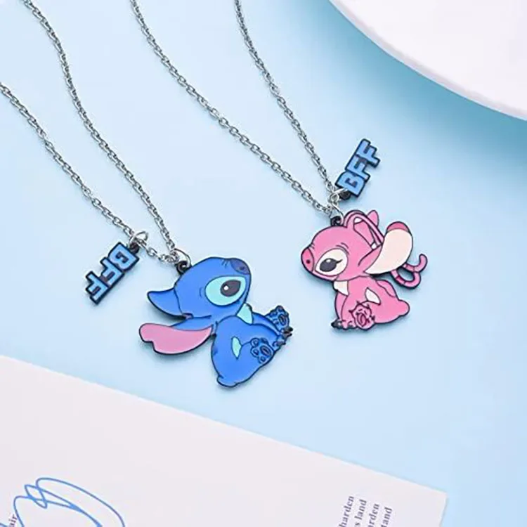 Disney Stitch & Angel Pendant Necklaces for Women Men Sweet Puzzle Heart Necklaces Keychain Accessories Gifts for Birthday Party