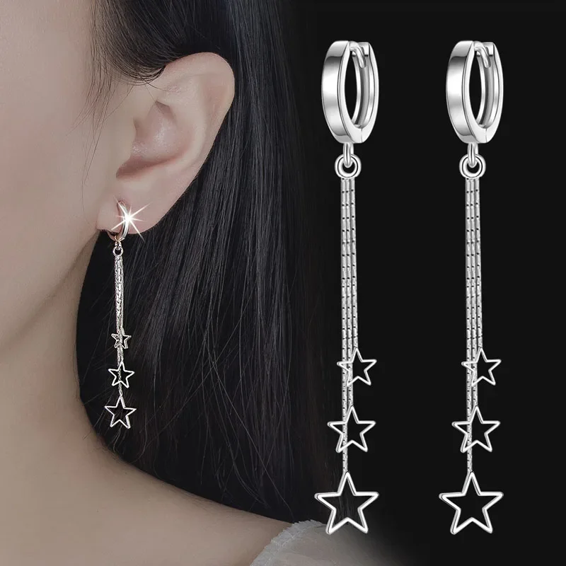 Elegant Popular Three Stars Hoop Earrings For Women 925 Sterling Silver Party Jewelry Beautiful Long Tassel EarringElegant