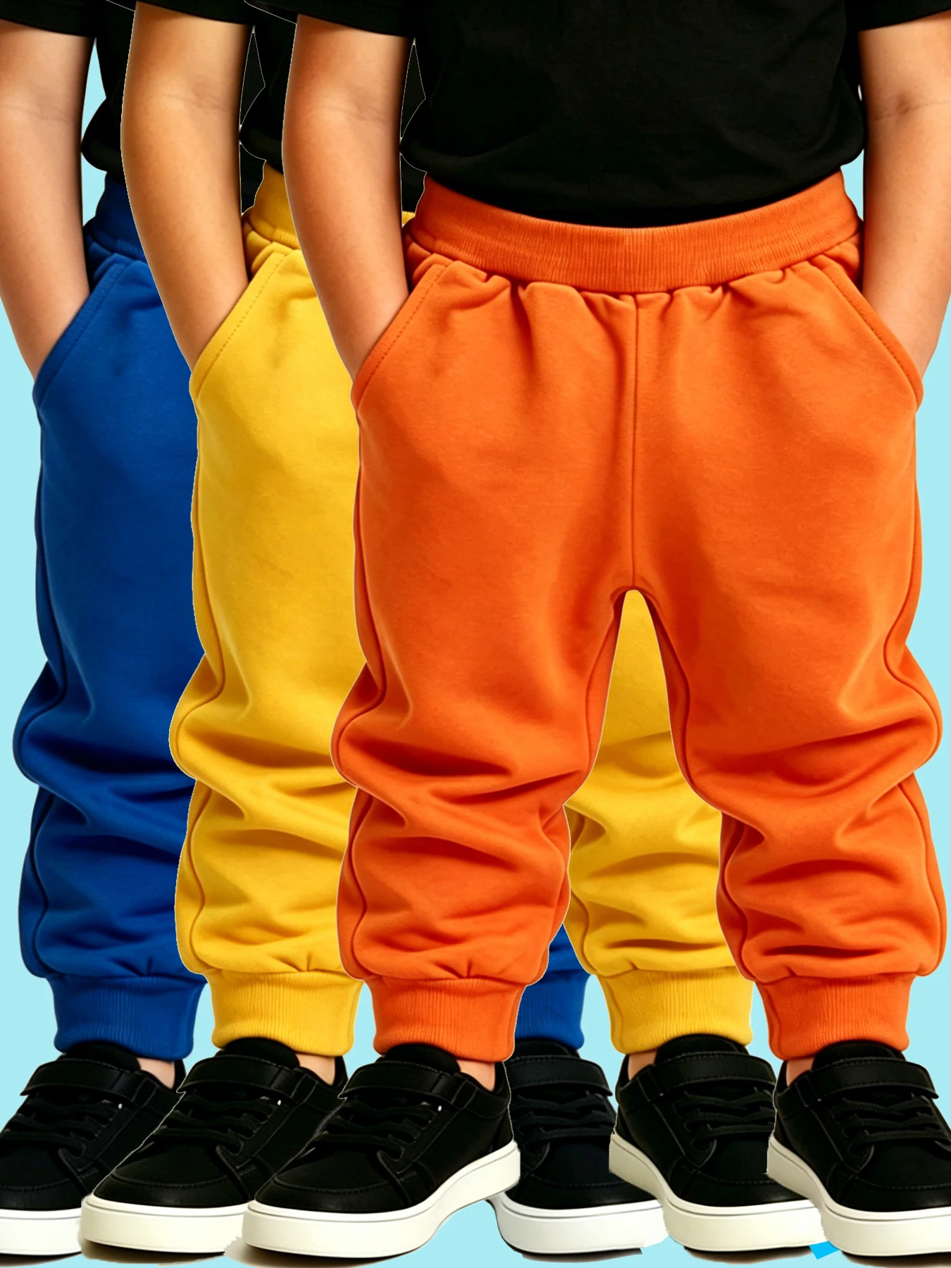 3PCS Children's Soft Sweatpants Elastic Waist Solid Daily Wear Sports Pants with Pockets in Blue Yellow Orange For Boys & Girls