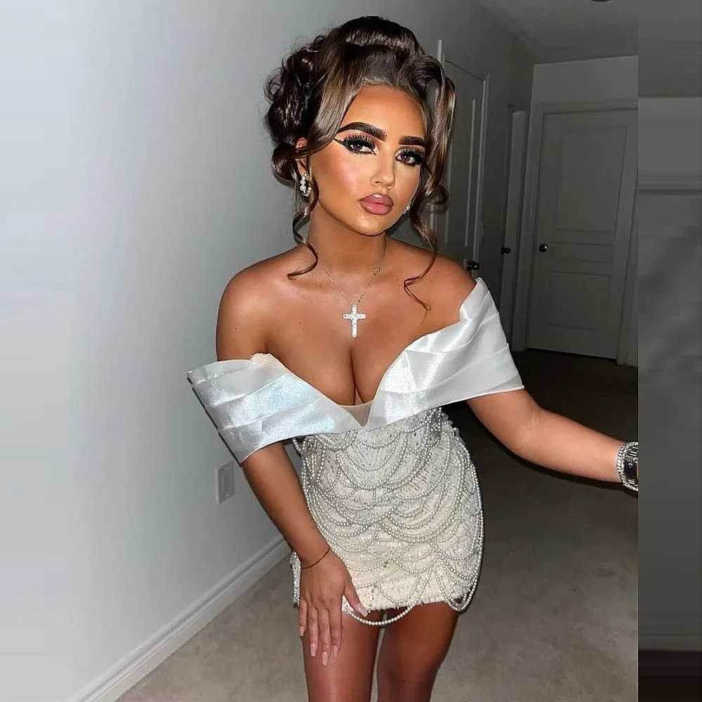 

Luxury Major Pearls Mermaid Cocktail Dress off The Shoulder Mini Sexy Prom Dress Ireland Special Occasion Formal Gowns