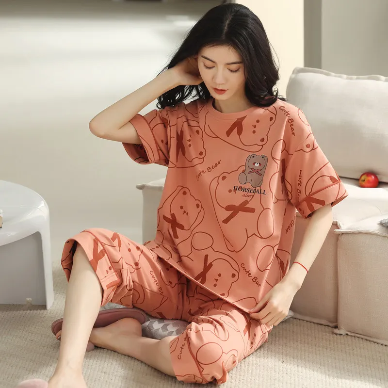 

Bear Cartoon Cute Women's 100% Cotton Sleepwear Summer O Neck Loungewear M-2XL Female Pajamas Set Young Girl Pijamas Pyjamas