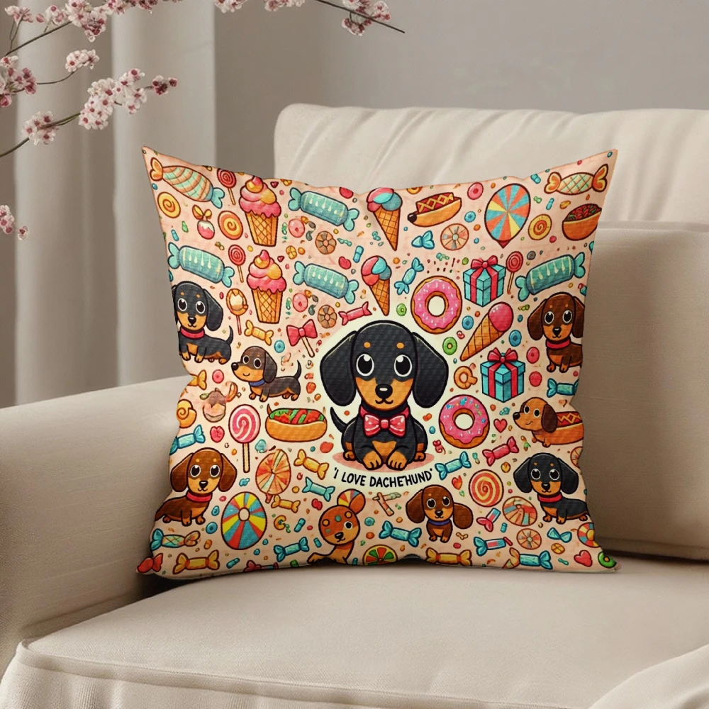 Square Throw Pillow Case Peach Dachshund Love Dachshund Dog Candy Bone Ice Cream Donut Pattern Living Room Sofa Bedroom Home Dec