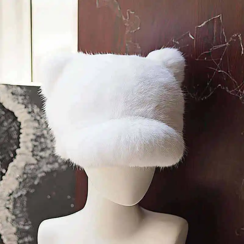 Modische Wintermütze mit Echtem Kaninchenfell und Katzenohren für Damen, Ganzfell-Mütze, Stilvolle Warme Bombermütze – Detail 7