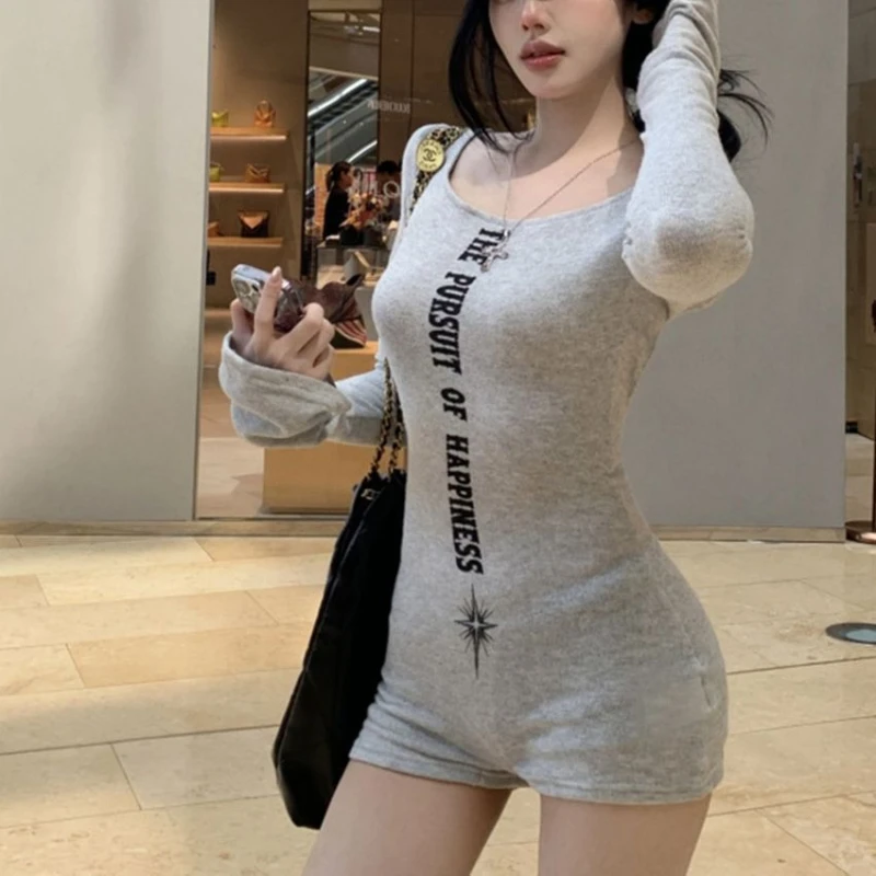 

American Street Style Long Sleeved T-shirt Sexy Spicy Girl Tight Letter Print with Bottom Round Neck Backless Jumpsuit Shorts