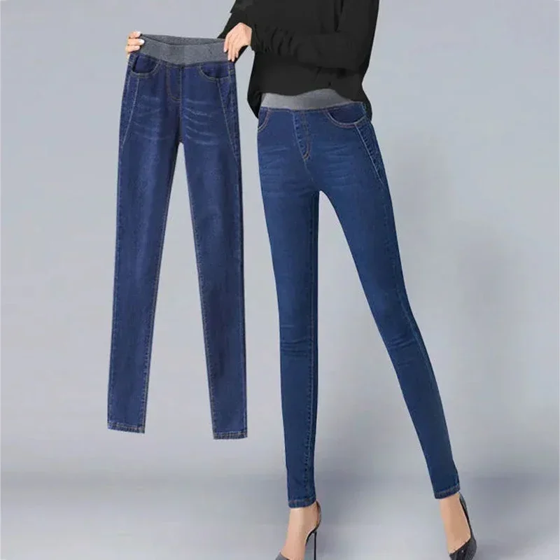 Winter Plus Velvet Stretch Jeans Women Oversize 40 High Waist Skinny Vaqueros Thick Warm Denim Trousers Fashion Mom Pencil Pants