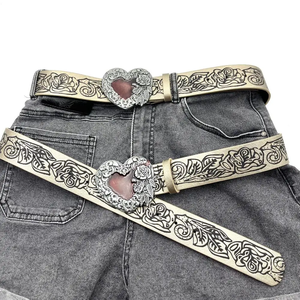 

Классический готический панк-ремень из искусственной кожи Y2k для женщин, металлическая пряжка в форме сердца с цветочным узором, поясной ремень для джинсов, декоративный поясной аксессуар A0I8