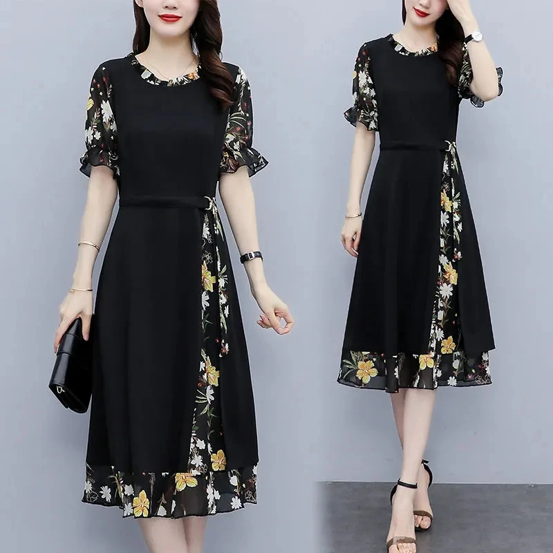 Black Floral Patchwork Midi Dress Women Summer Elegant Ruffles Short Sleeve A-Line Dresses Large Size Casual Vestidos De Mujer