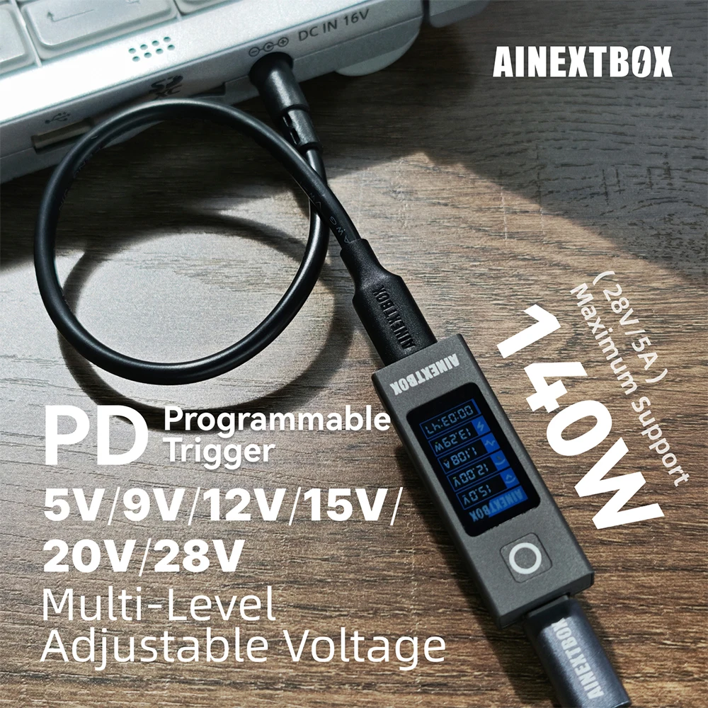 PD Fast Charge Trigger, 5/9/12/15/20/28V Adjustable, 5A 140W, Type‑C to DC Power Cable Included, for Multiple DC Devices