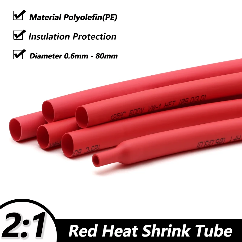 

2:1 Red Heat Shrink Tube 0.6mm ~ 80mm Diameter Heatshrink Tubing DIY Connector Repair Electrical Insulation Protecctor Sleeving