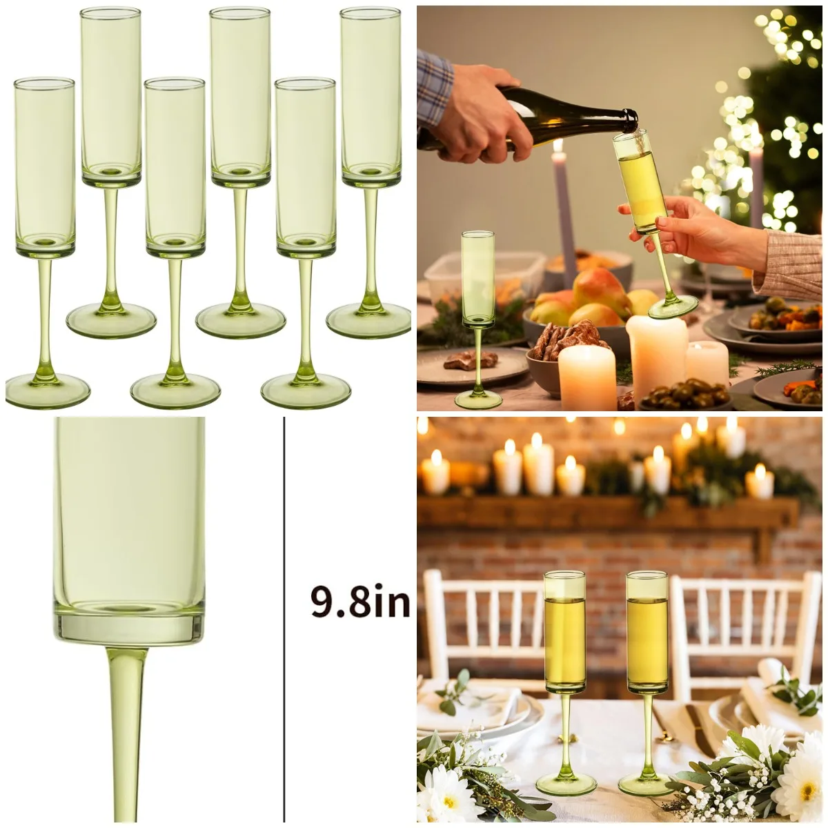 

6 Pieces Green Champagne Flutes, 6 OZ Hand-Blown Long Stem Wine Glasses for Wedding, Cocktail, Cava, Prosecco