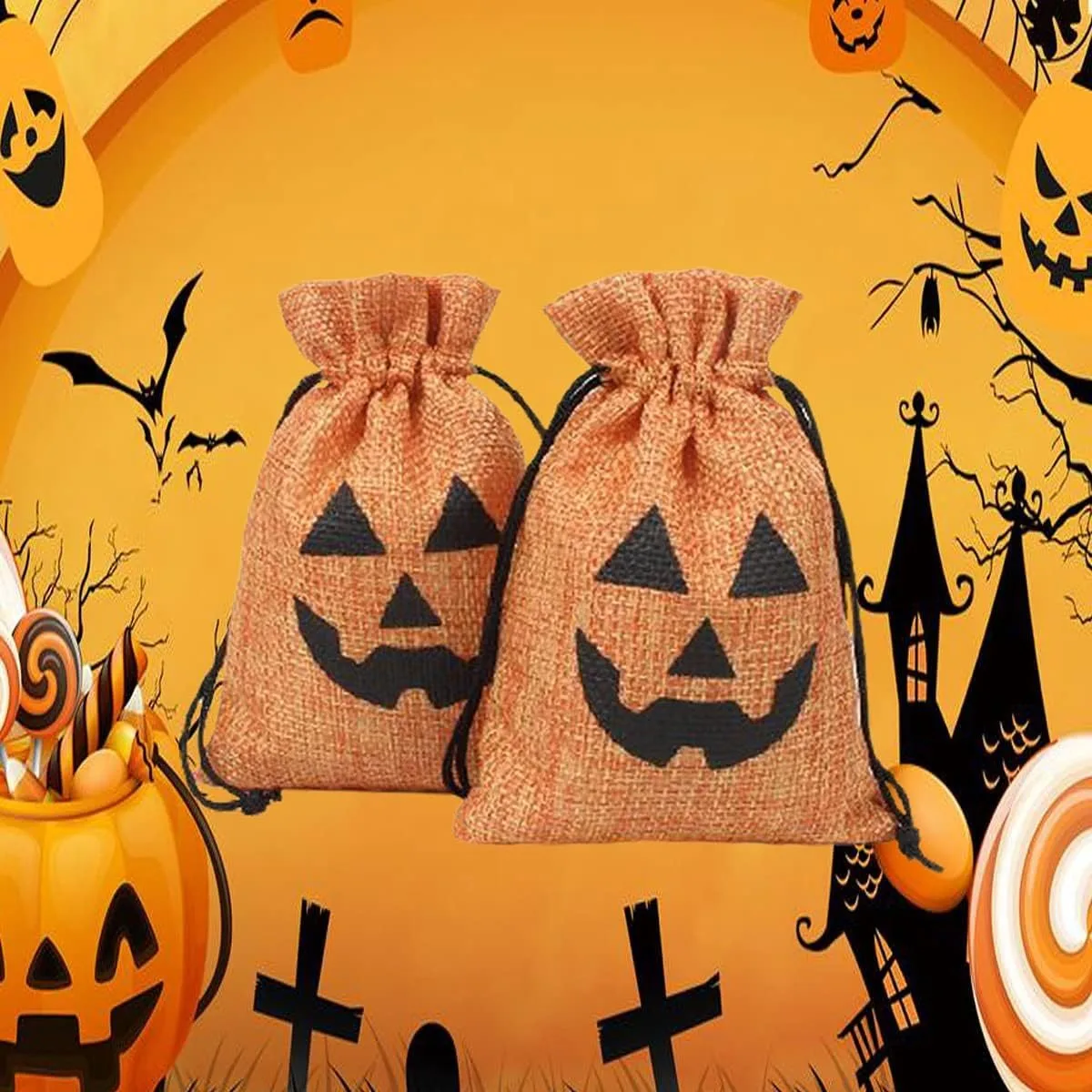 

Halloween Pumpkin Burlap Candy Packaging Bag Trick or Treat Happy Halloween Party Decor Ghost Festival Drawstring Storage Bag