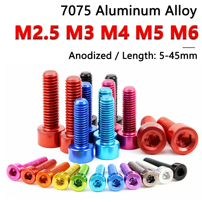2pcs 7075 Aluminum Alloy Bolt M2.5 M3 M4 M5 M6 Hexagon Hex Socket Head Cap Allen Screw Anodized Length 5-45mm