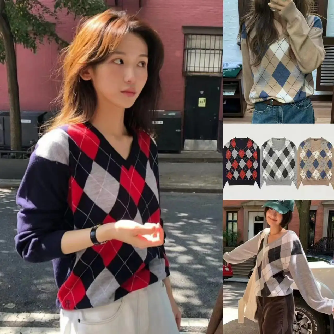 

Женский свитер TheBarnet с V-образным вырезом, длинными рукавами, цветными блоками и ромбовидным узором, в университетском стиле, для осени, для повседневной носки