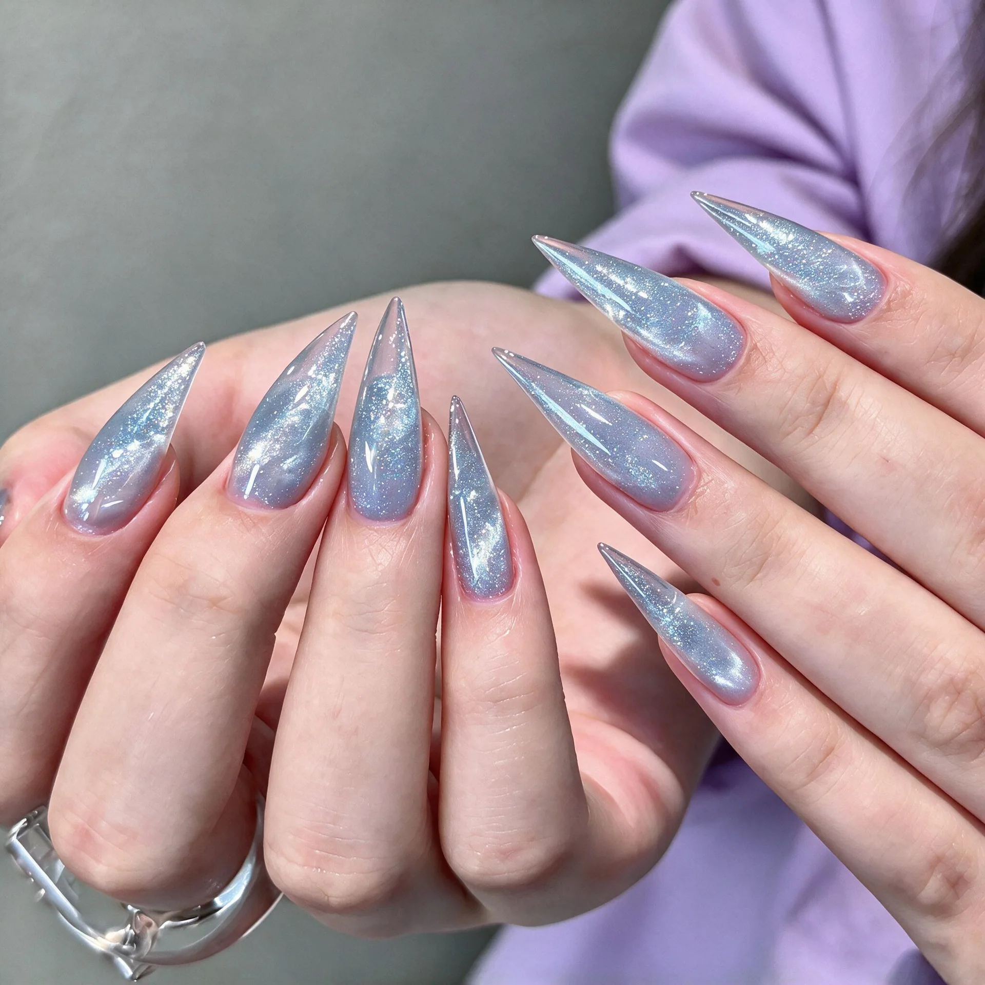 24pcs Extra Long Stiletto Nails Press On Light Blue Cat Eye Glitter Wearable Fake Nails Full Reusable Coverage Nails For Women