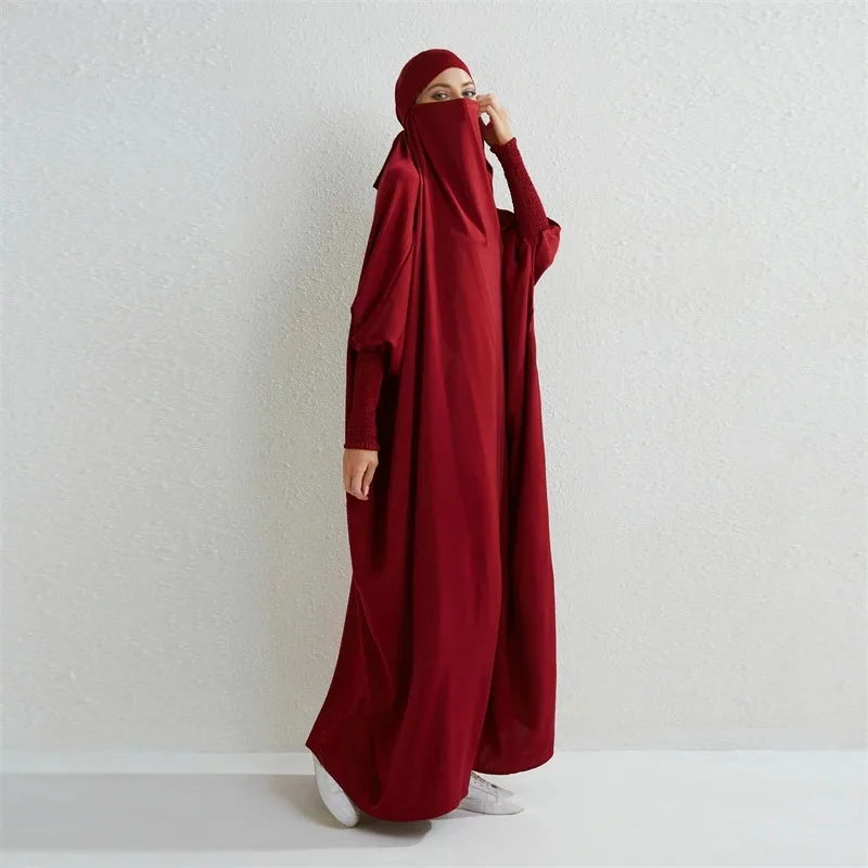 JINIA Gebetskleid mit Kapuze: Muslimisches Kleid mit gesmokten Ärmeln, islamisches Bescheidenheitskleid, Dubai, Saudi-Arabien, schwarze Robe