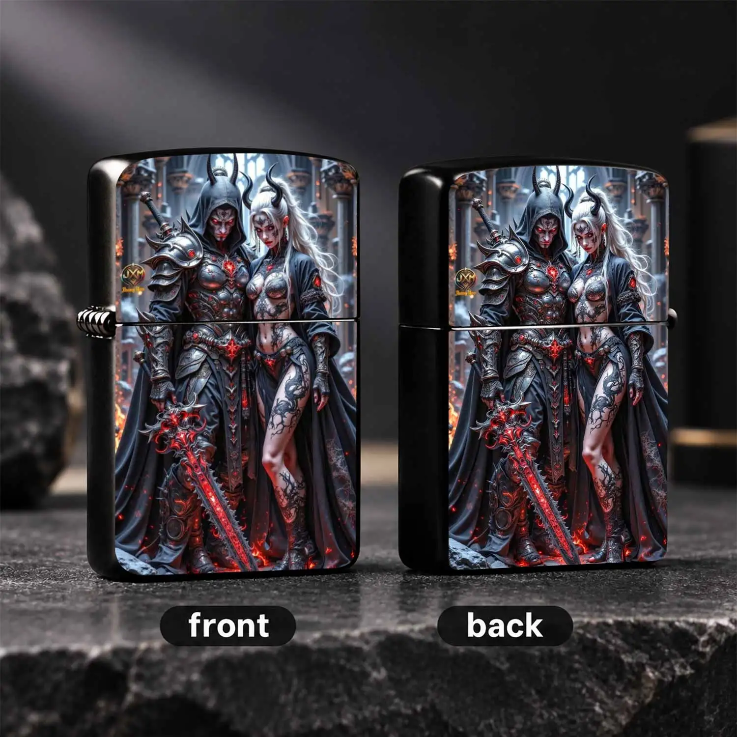 Dark Fantasy Couple Themed Lighter, Exquisite Carved Hell Knight & Tattooed Tiefling Design, Glowing Red Embellishment Art Ornament, Portable Stylish Accessory For Daily Display, Gifting, Themed Space Decoration And Personal Collection A Hu