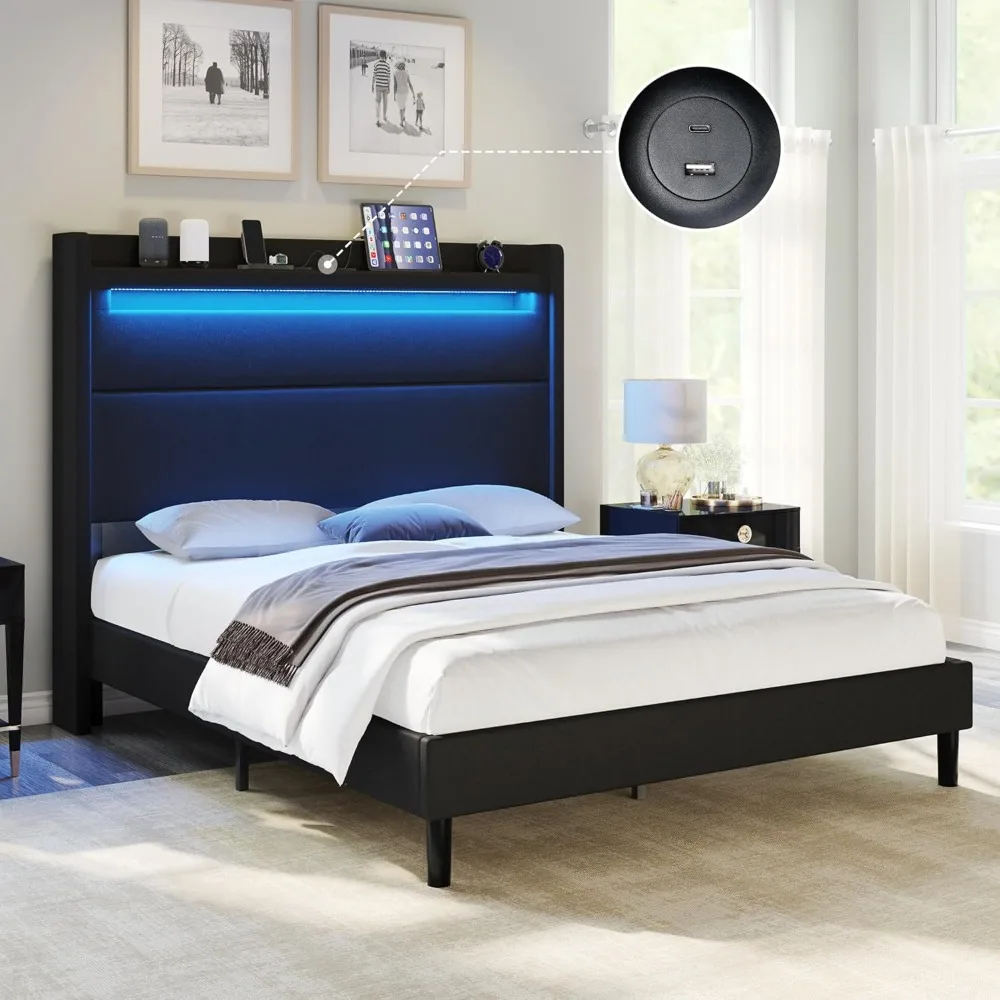 

Full Bed Frame with LED Lights & Wingback Headboard, Upholstered Platform Bed with USB & USB-C Ports, No Box Spring Needed