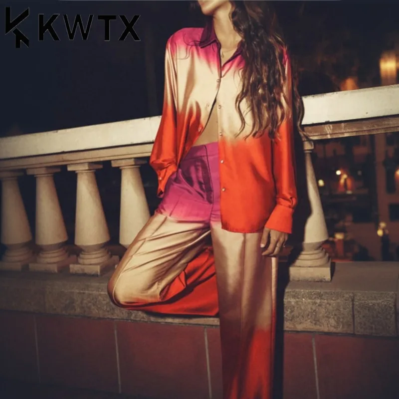 

KWTX Women’s Satin Ombre Two Piece Set 2025 Tie-Dye Shirt & Straight Pants Spring Summer Casual Chic Designer Outfit