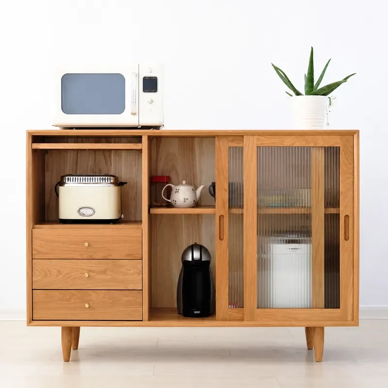Nordic Solid Wood Dining Side Cabinet Simple Modern Locker Tea Cabinet Creative Storage Cabinet Glass Sliding Door Kitchen