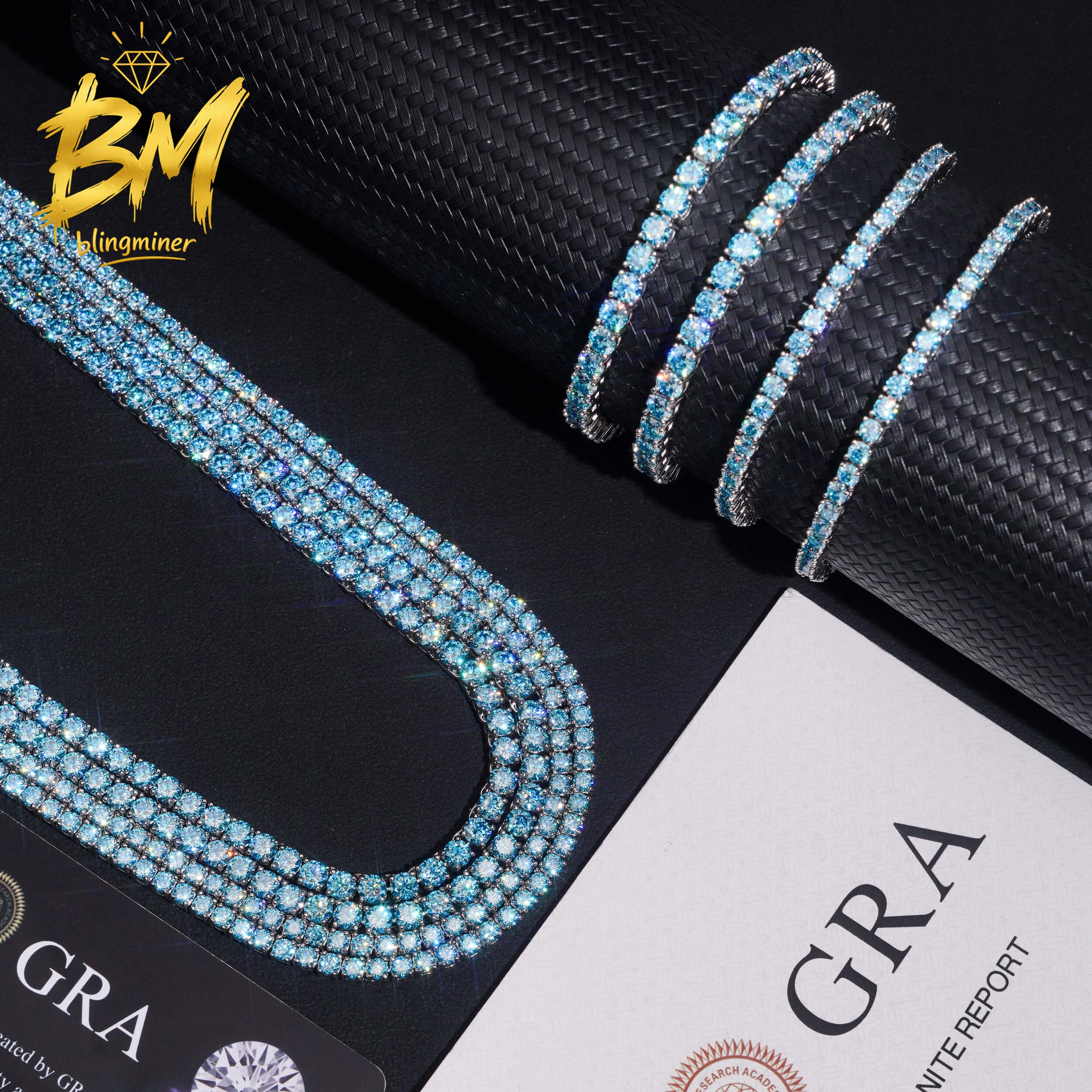 Blingminer 3mm 4mm Aqua Blue VVS Moissanite Tennis Chain Iced Out Necklaces For Men S925 Silver Pass Diamonds Tester GRA