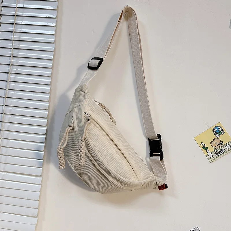 Simple chest bag, fashionable solid color waist bag, casual sports bag, corduroy shoulder bag, large capacity student image 5