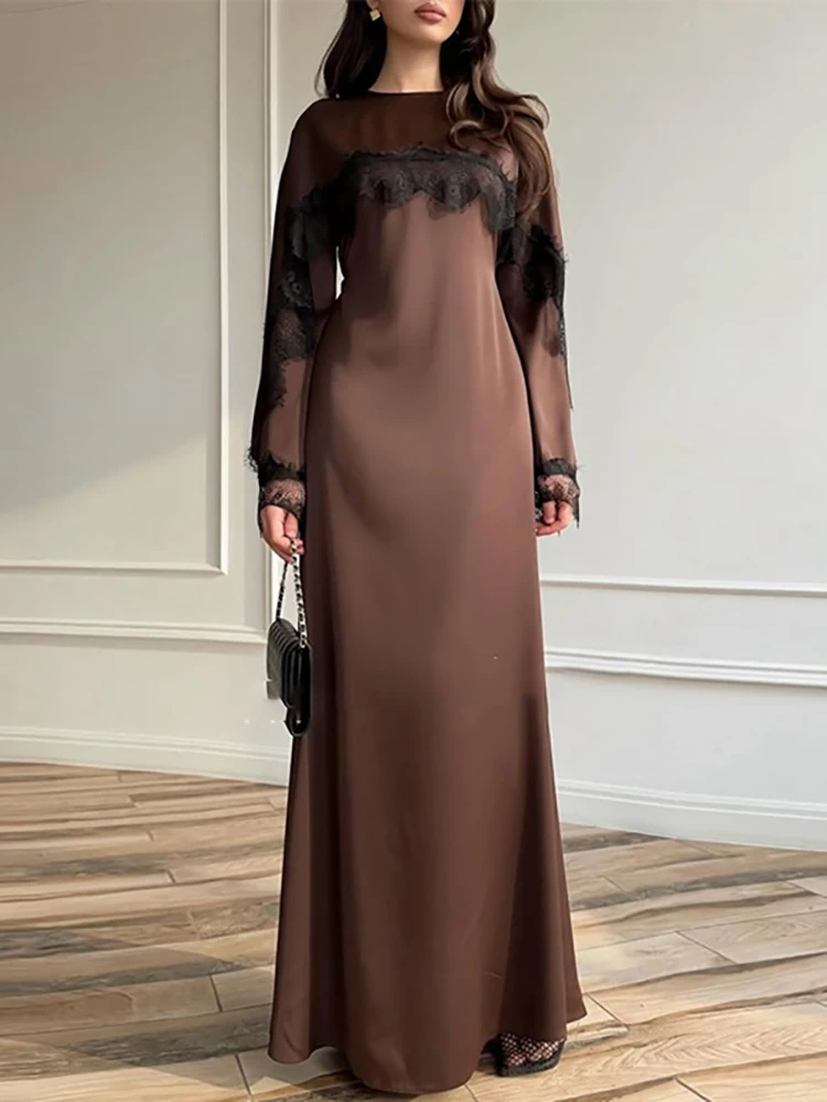 Luxury Satin Lace Patchwork Loose Dresses Elegant O-Neck Shawl Banquet Evening Dress 2026 Summer Casual Solid Long Sleeved Dress