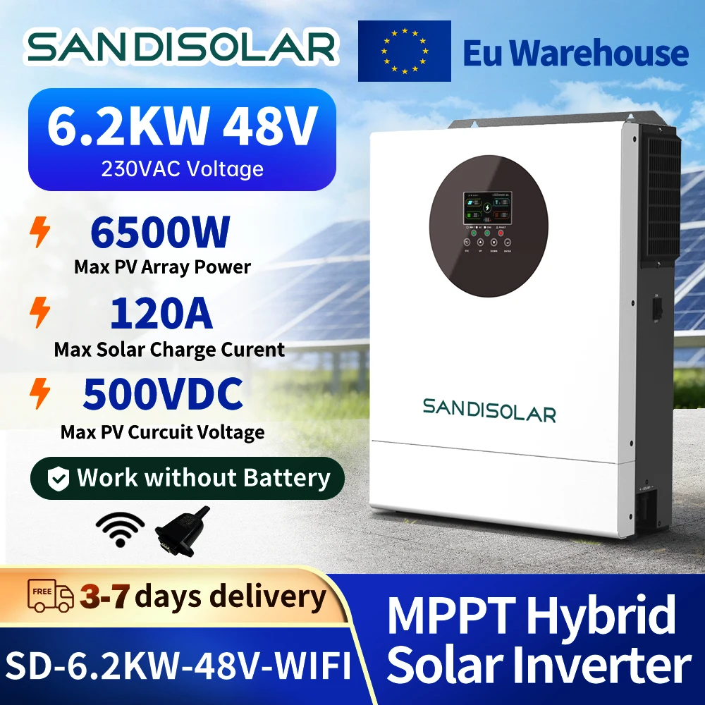 SANDISOLAR 6.2KW 48V Hybrid Solar Inverter Off Grid 230VAC Pure Sine MPPT 120A Solar Charge Controller PV
