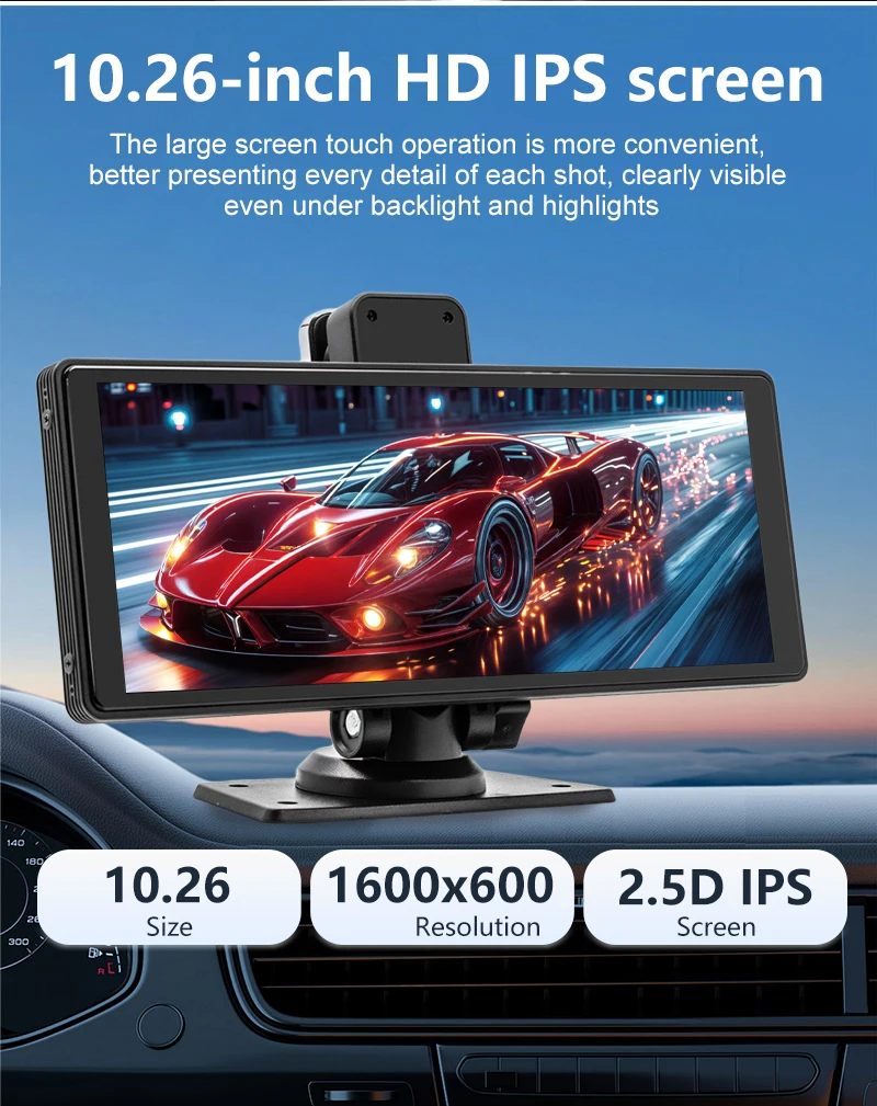 10.26 Inch Wireless CarPlay Monitor IPS Screen Android Auto Touch Screen WIFI FM BT 5.0 Rearview Dash Cam Multimedia Player AUX