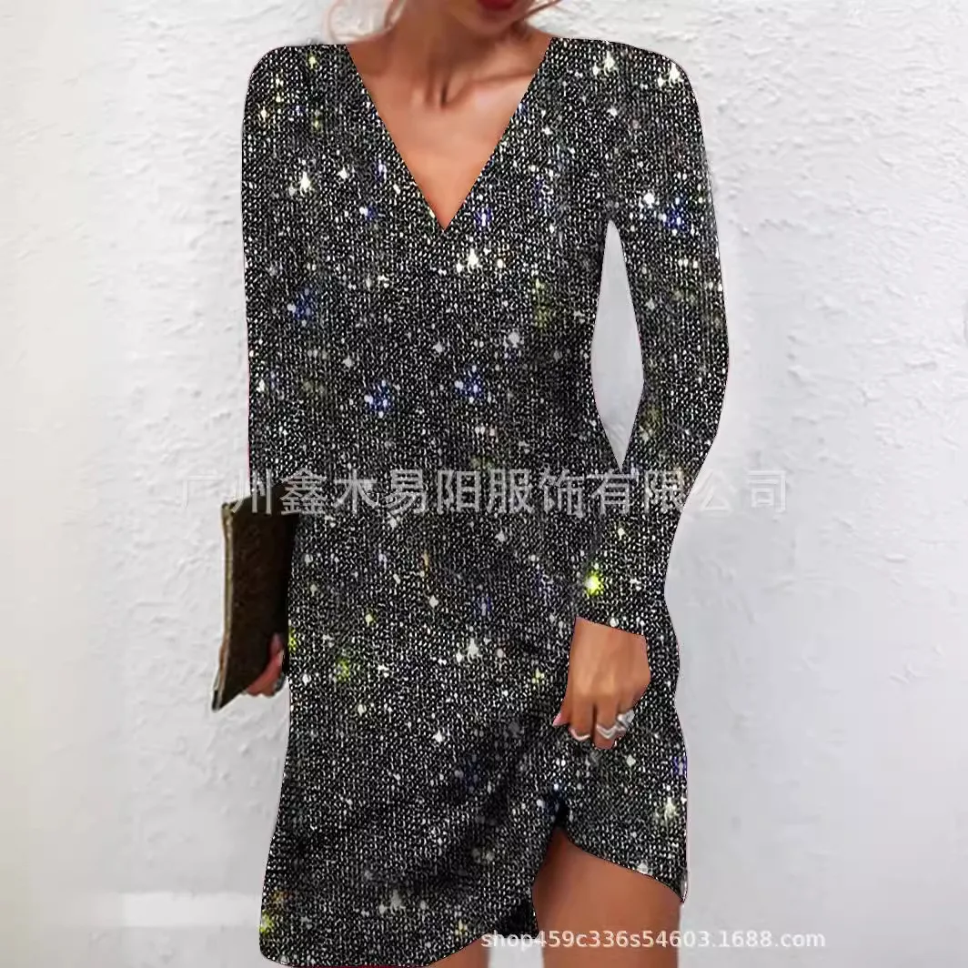 Dress Elegant V-neck Shiny Solid Color A-line Robe Party Prom Nightclub Club Date Family Banquet Evening Vestidos Spring Summer