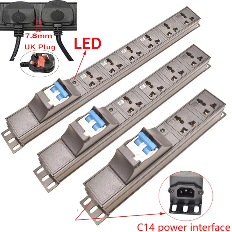 خزانة رف جبل PDU قطاع الطاقة C14 واجهة 16A قطاع دارة منافذ المقبس العالمي مع LED غلاف سبائك الألومنيوم