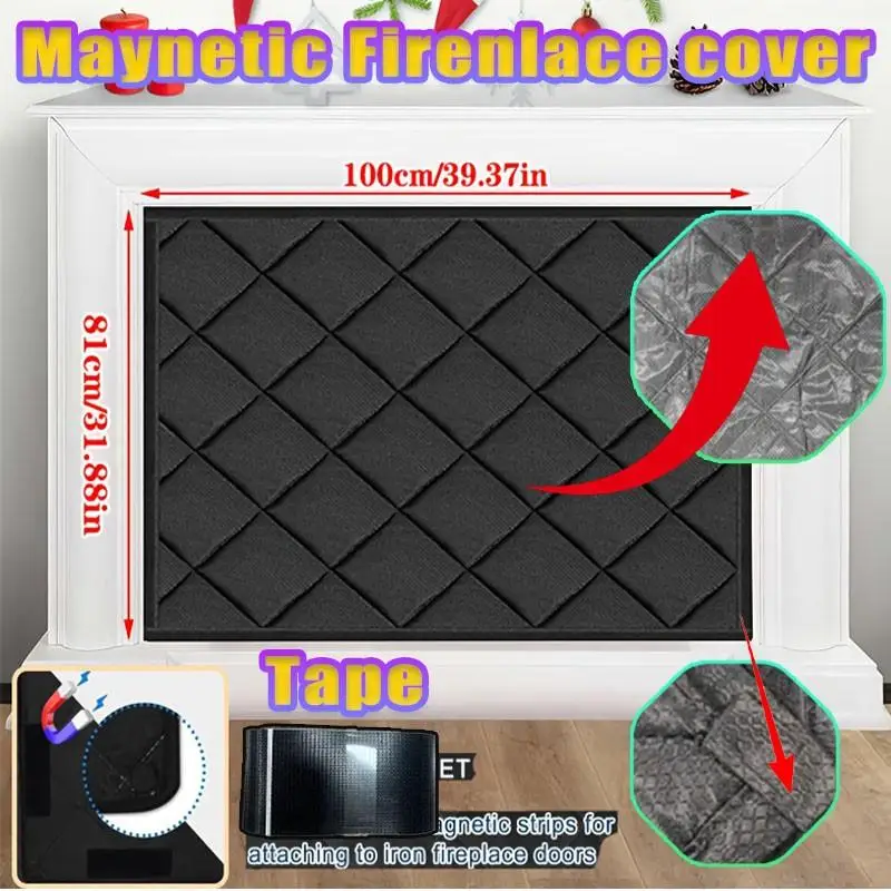 Magnetic Fireplace Cover, Thick Quilted Draft Stopper,Cold Air Block Insulation,Minimalist Style, Checkered Pattern Door Curtain
