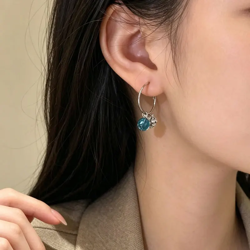 Temperament blue rhinestone glass earrings earrings senior sense earrings all go with small earrings