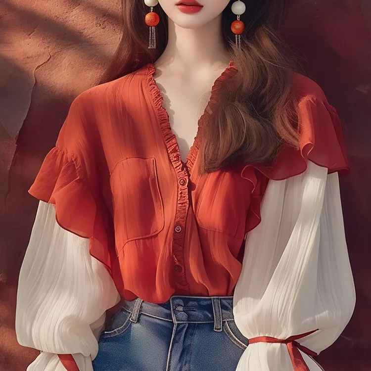 

Chic Red Bubble Sve V-Ne Belted Women's irt Sli Korean Sle Early Autumn New Arrival Polyester Fiber Long Sve