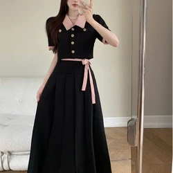 Women Preppy Style Patchwork Coat Skirts Two Piece Dress Set Summer 2023 Korean Lady Graceful Short Jacket Skirt with Waist Suit