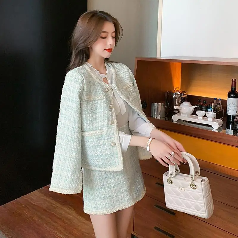 High Quality Small Fragrant Wind Two Piece Set Women Elegant Outfits Beaded Pearl Tweed Jacket Coat+Mini Skirt Suit Spring New