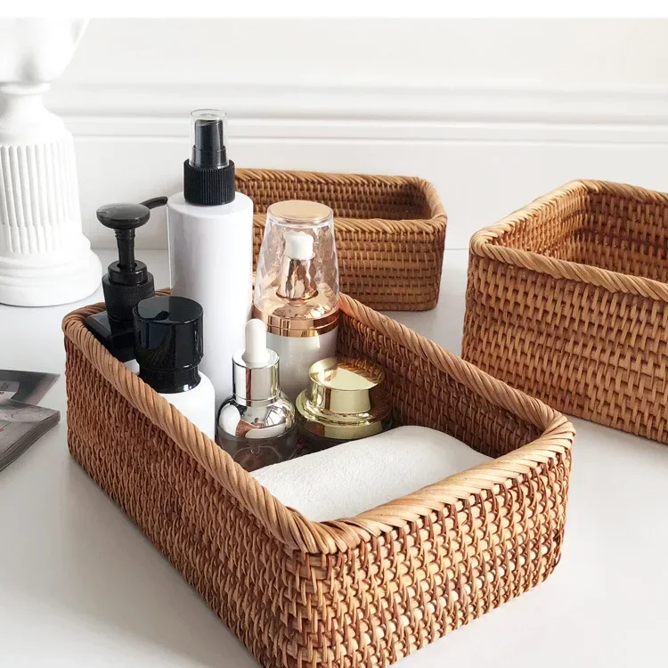 New Factory Direct Storage Basket Natural Rattan Snack Sundries Storage Basket Woven Rattan Three-piece Storage Basket