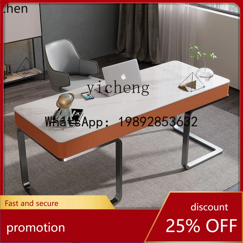 

HT saddle leather study desk writing desk light luxury minimalist rock slab office computer desk table