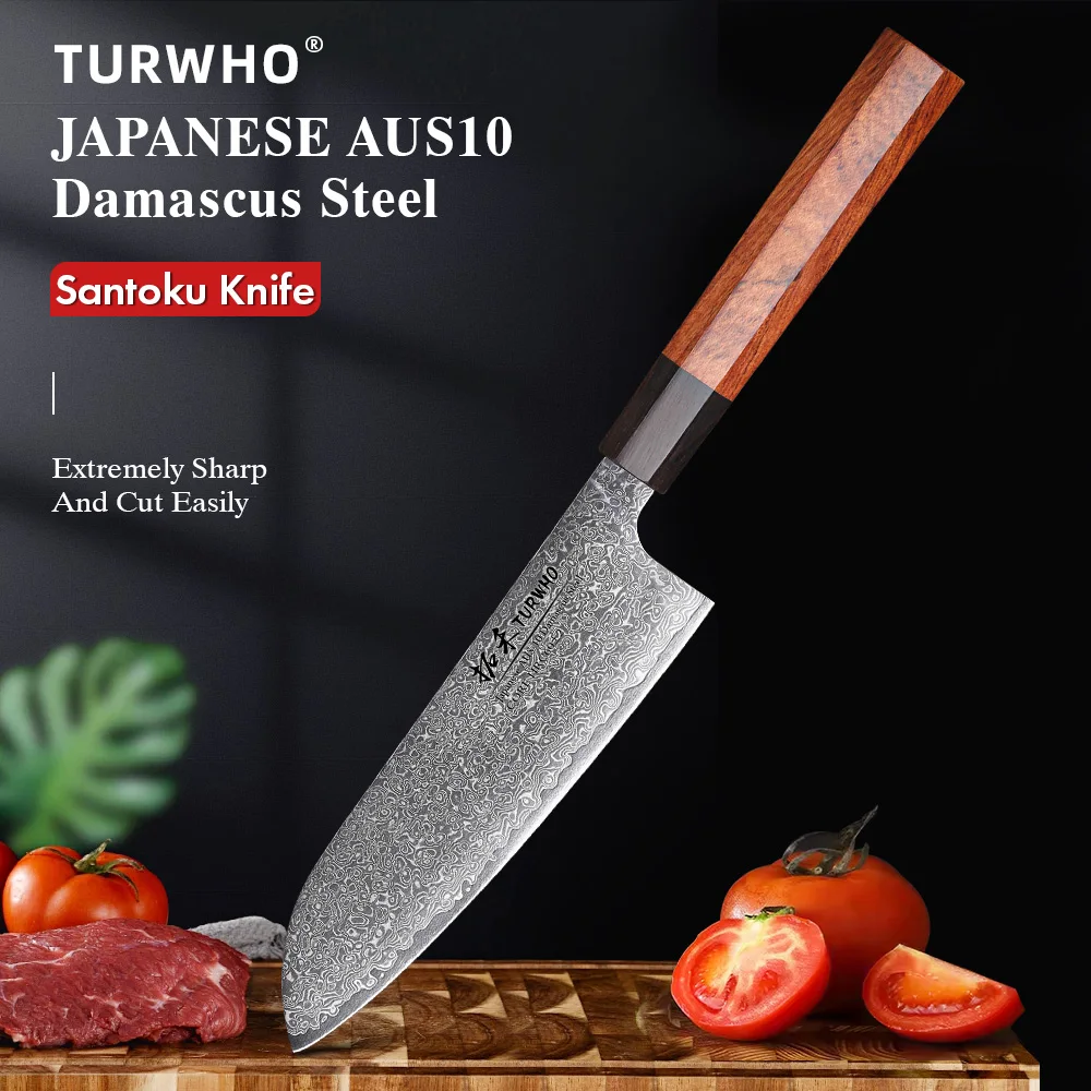 Nóż Santoku TURWHO 7 cali, japońska stal damasceńska, nóż szefa kuchni, ostry, ręcznie robiony ostrze, narzędzia kuchenne, klasyczna ośmiokątna rękojeść.