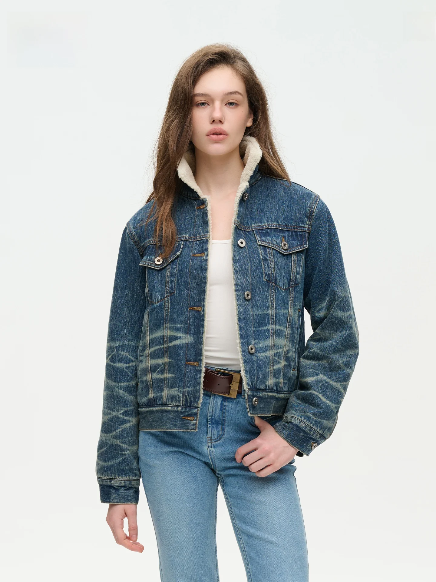 

LeiYu Labs Women's Oversized Denim Jaet with Lamb Fur Splicing Warm Retro Sle Long Sve Coat for Winter Casual Wear