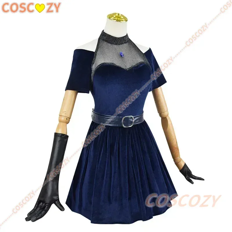 Anime alienígena palco mizi cosplay traje peruca azul escuro vestido rosa azul luvas de cabelo longo meias cinto conjunto uniforme para o natal