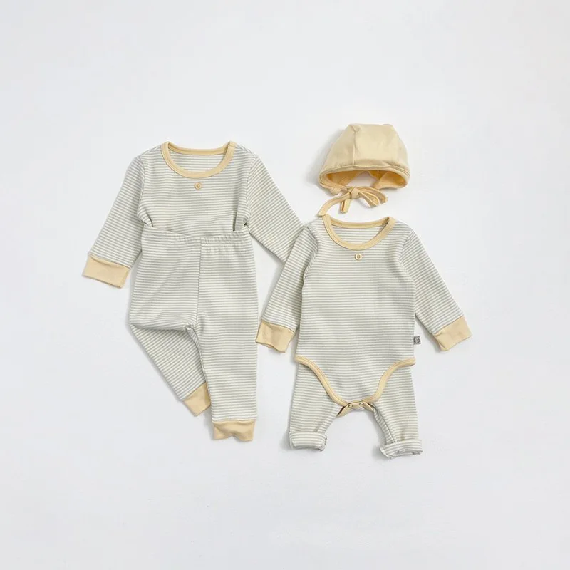 Spring Baby Long Sleeve Home Clothes Set Infant Boy Girl Striped Bodysuit + Leggings + Hat 3pcs Suit Newborn Outfits 1-8 Years