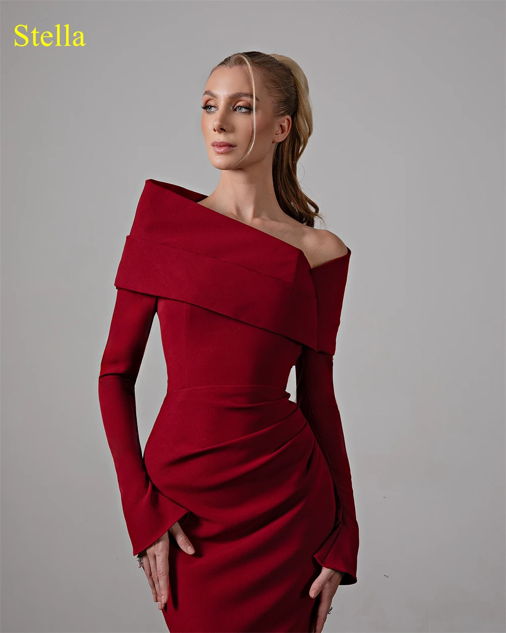 Customized Mermaid Exquisite Burgundy Jersey Evening Dress Classic Off the Shoulder Long Sleeves Homecoming Dresses Party Gowns image 6