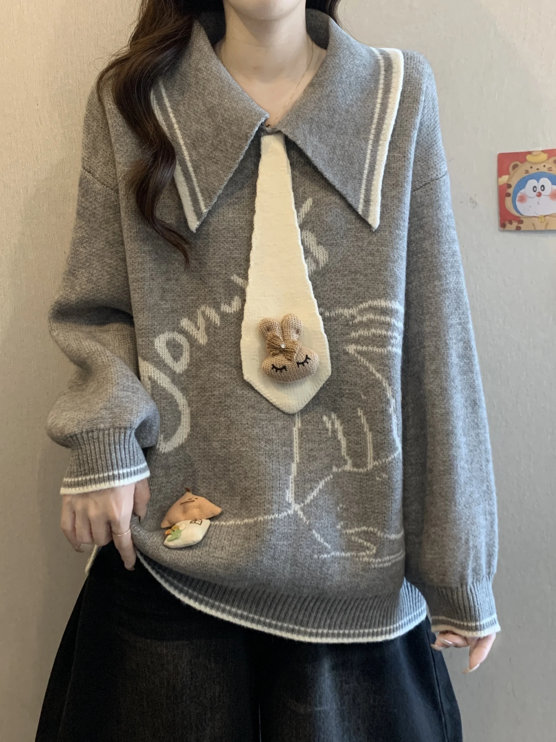

plus Size Women's College Style Neck Rabbit Embroidery Sweater Fashionable Mid-Length Butt Covering Knitted Shirt